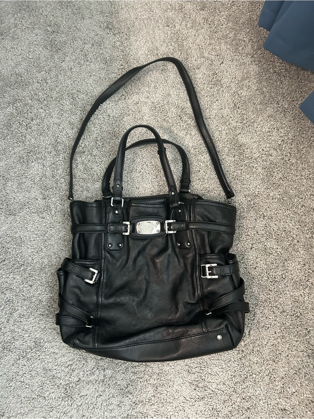 Michael Kors Black Strappy Leather Bag with Silver Hardware